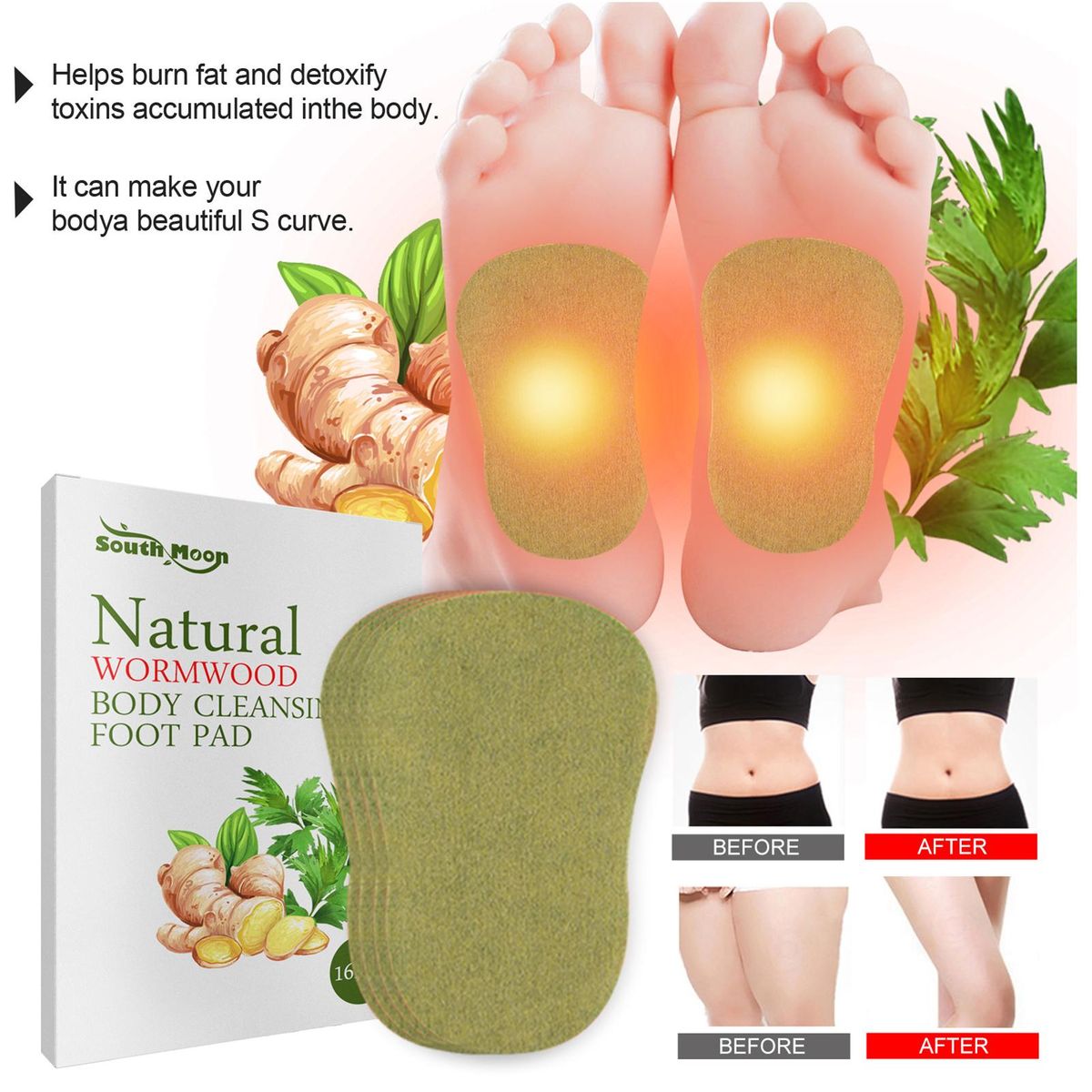 South Moon 16Pcs Natural Wormwood Body Cleansing Foot Pads Reduce Fatigue Increase Metabolism Improve Blood Circulation