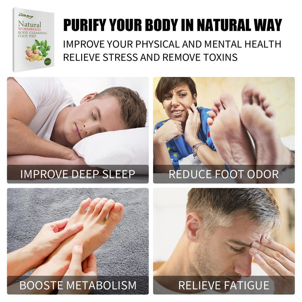 South Moon 16Pcs Natural Wormwood Body Cleansing Foot Pads Reduce Fatigue Increase Metabolism Improve Blood Circulation