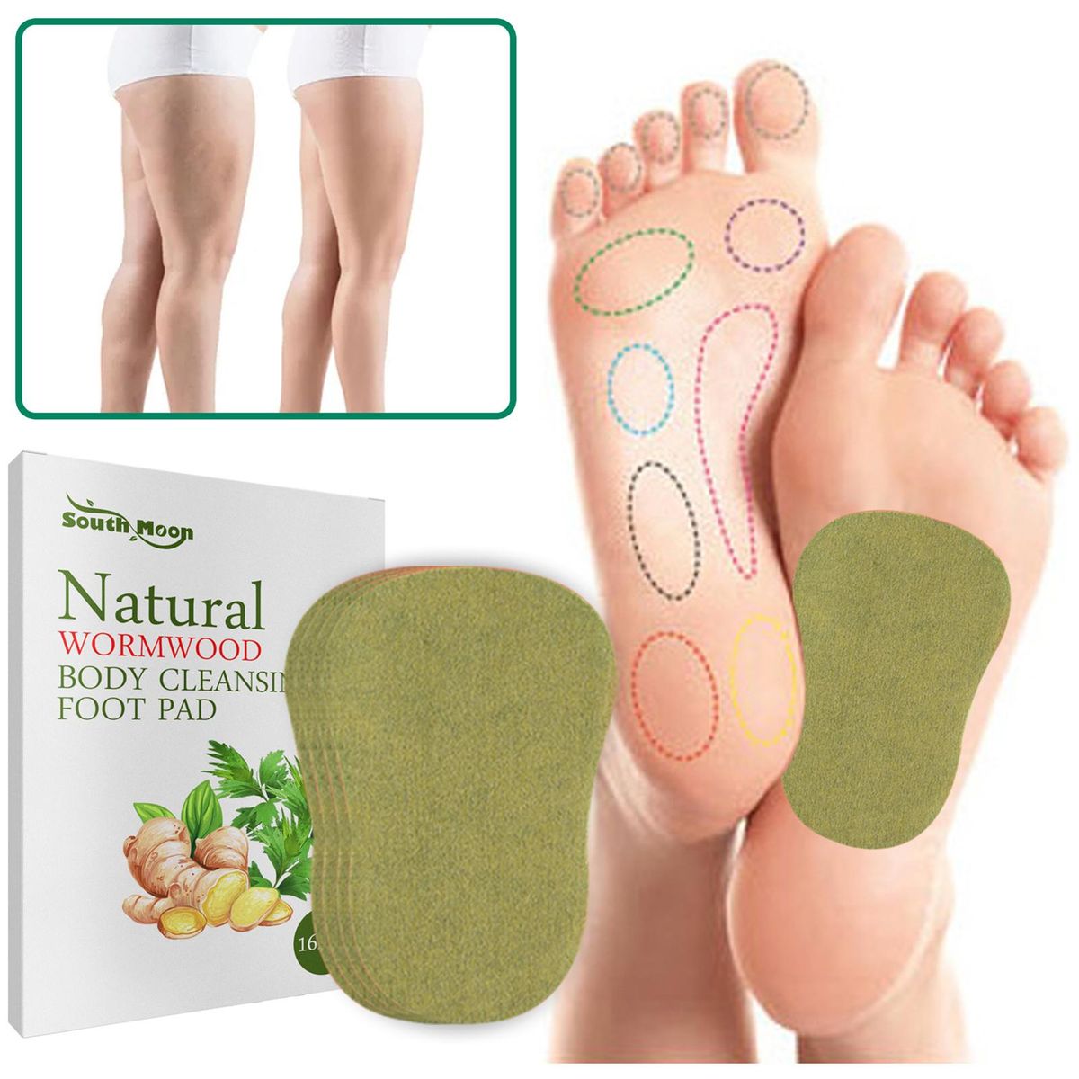 South Moon 16Pcs Natural Wormwood Body Cleansing Foot Pads Reduce Fatigue Increase Metabolism Improve Blood Circulation