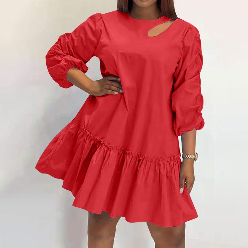 Solid Color Round Neck Long Sleeves A-line Women's Dress