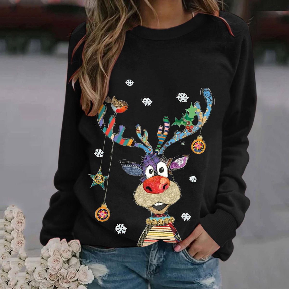 Women's O-Neck Christmas Print Long-sleeved Sweatshirt Blouse Pullover