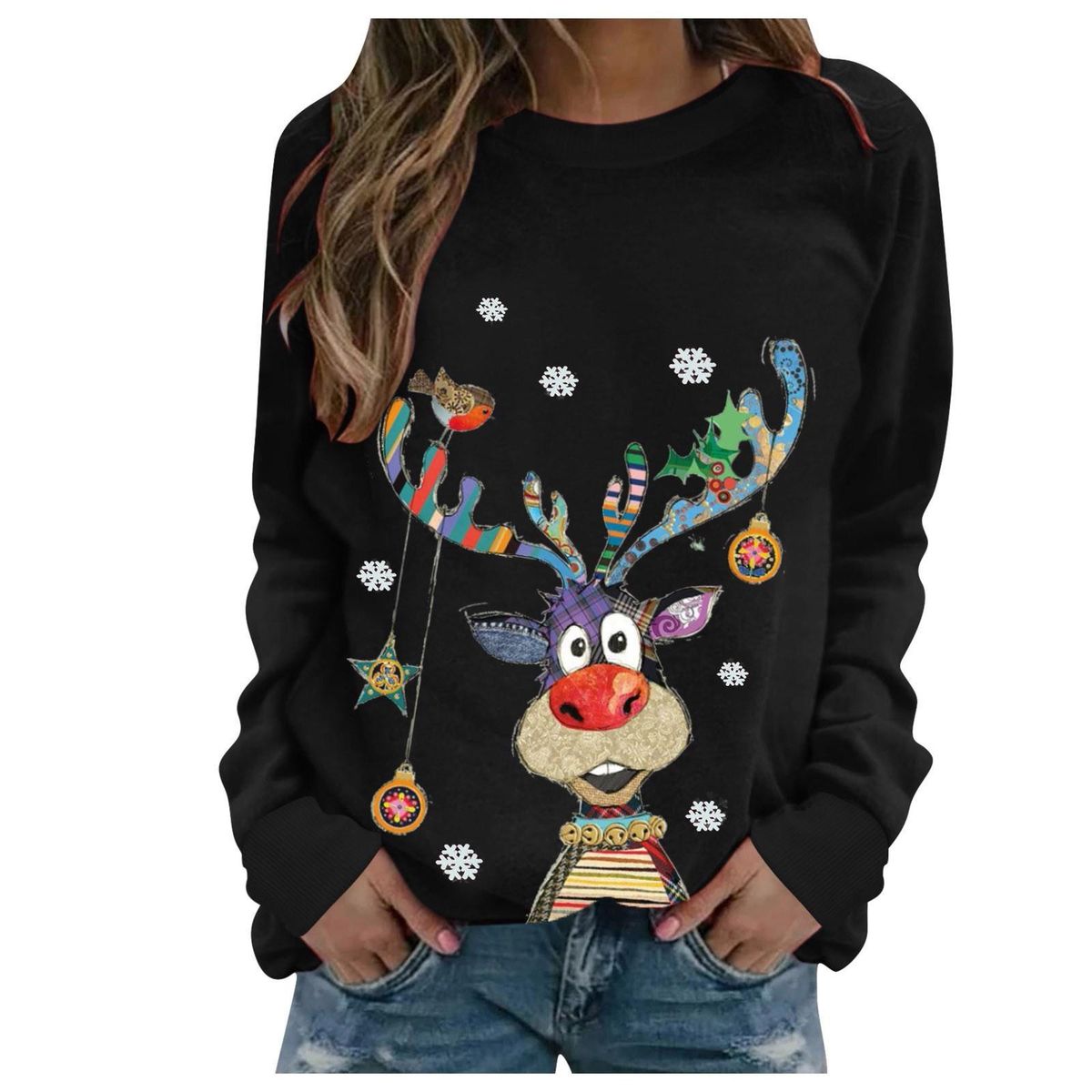 Women's O-Neck Christmas Print Long-sleeved Sweatshirt Blouse Pullover
