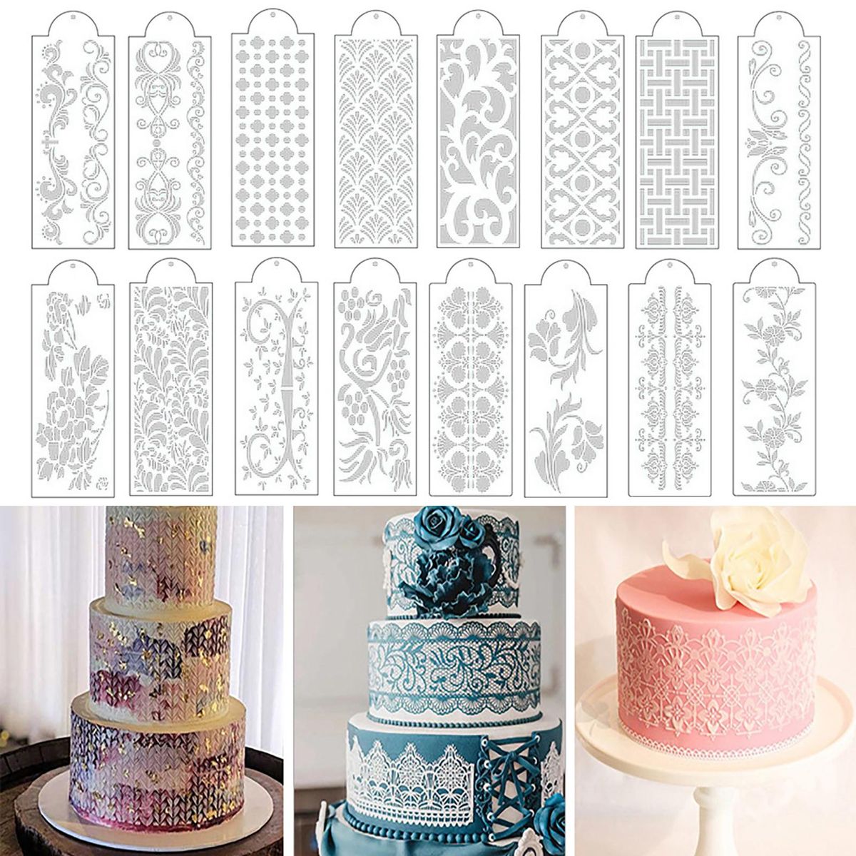 16Pcs Cake Border Stencils Flower Design Lace Cake Stencil Kitchen Baking Gadget