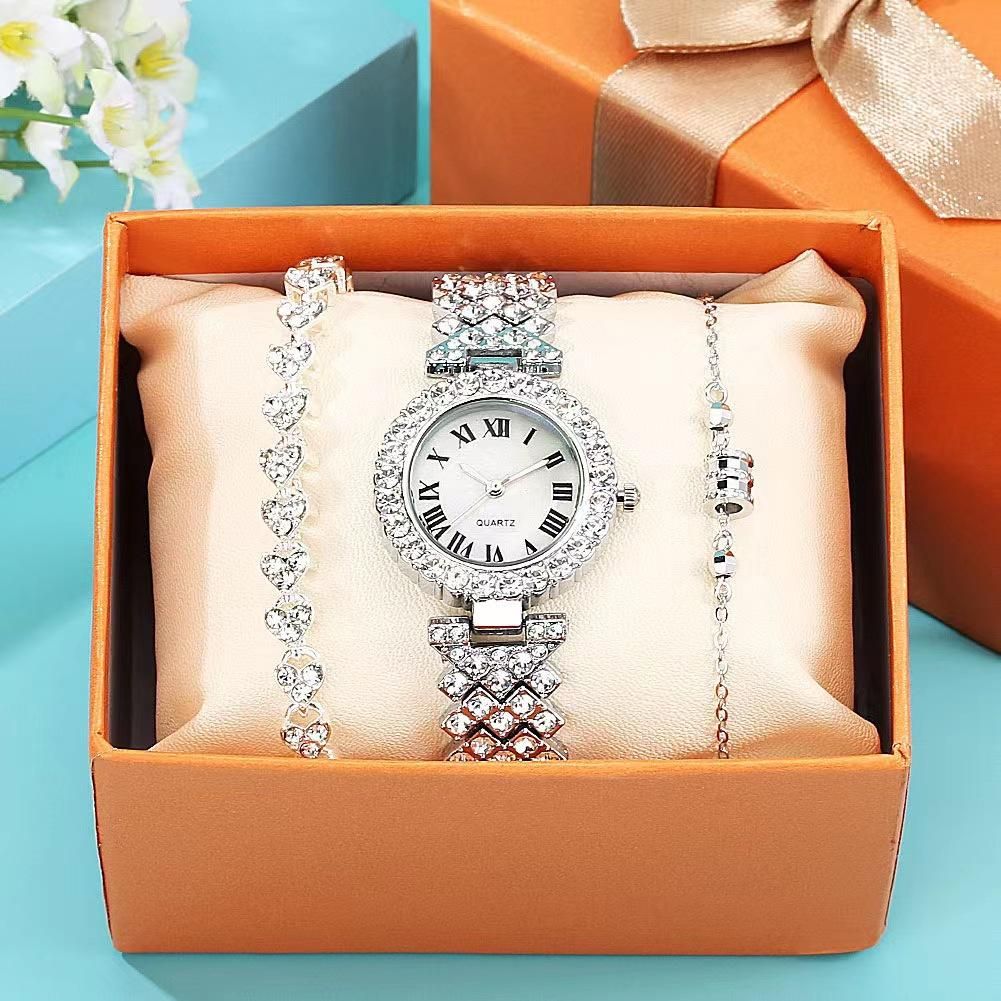 New ladies 3pcs set of watches with diamonds Roman watches steel bracelet women's watch gift box three pieces - silver