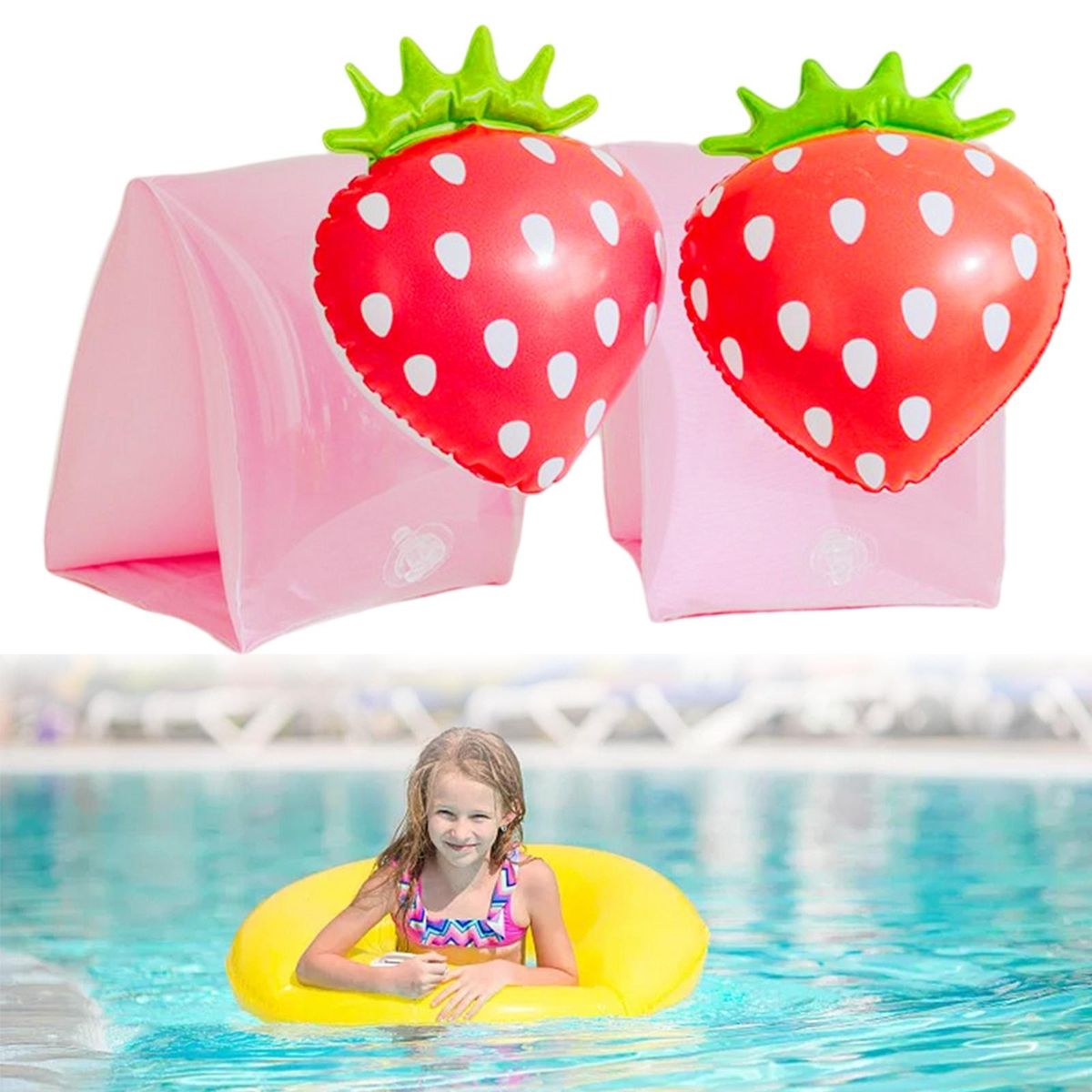 2x Inflatable Kids Arm Bands, Aid Vest, Floats Strawberry