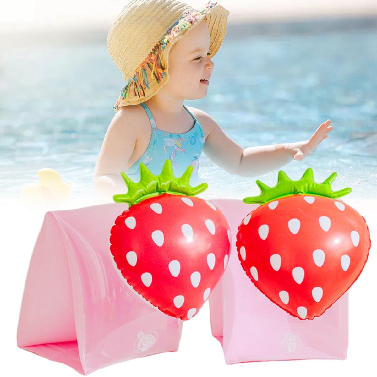 2x Inflatable Kids Arm Bands, Aid Vest, Floats Strawberry