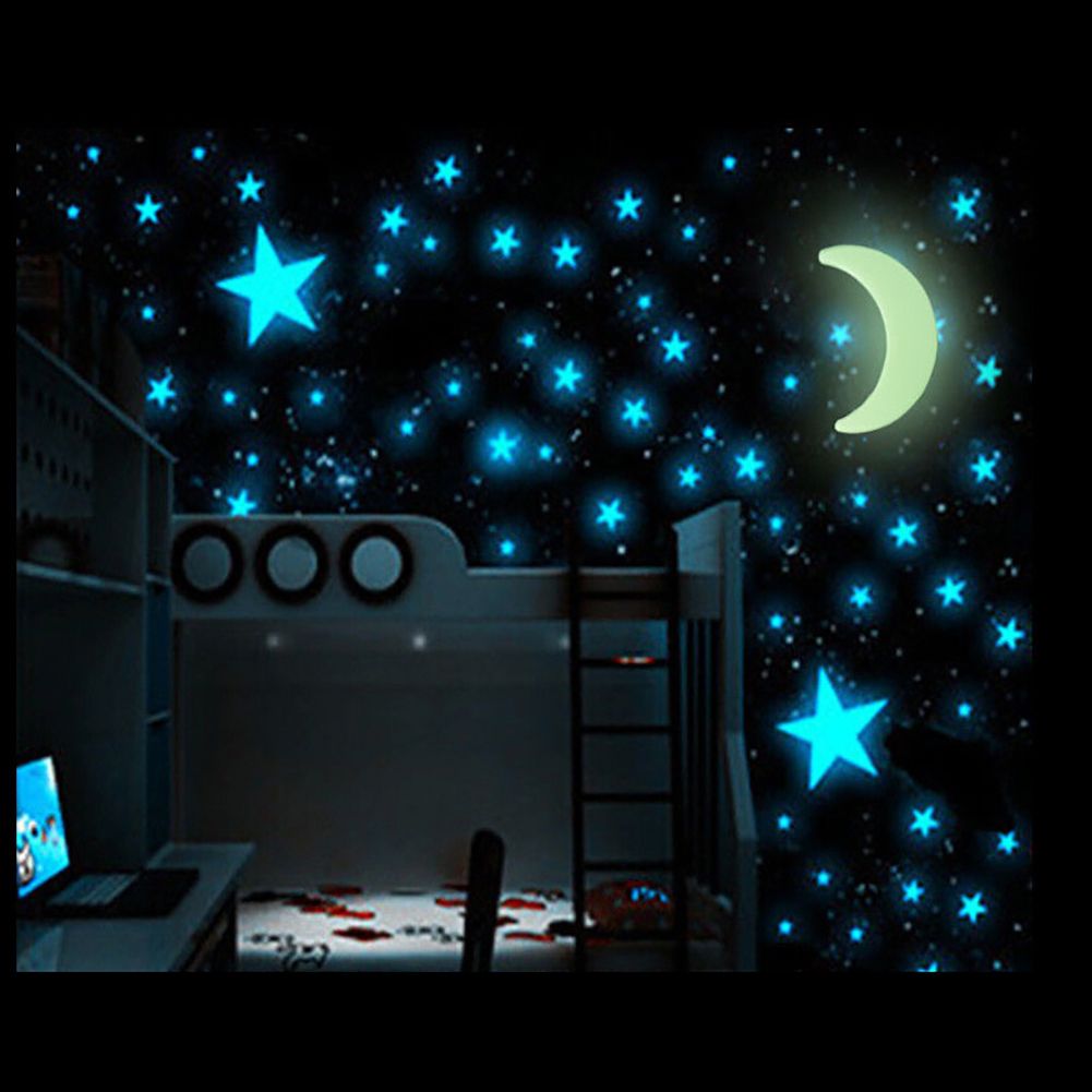 101Pcs Luminous Star Moon Wall Sticker Glow In Dark-Blue