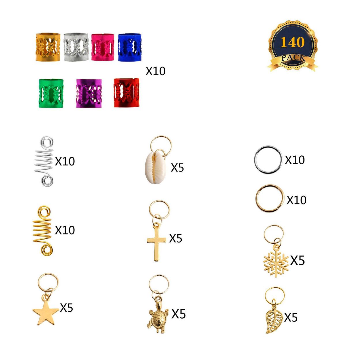 140 Pcs Hair Ring Braid Dreadlocks Bead Hair Cuffs Dread Tube Charm