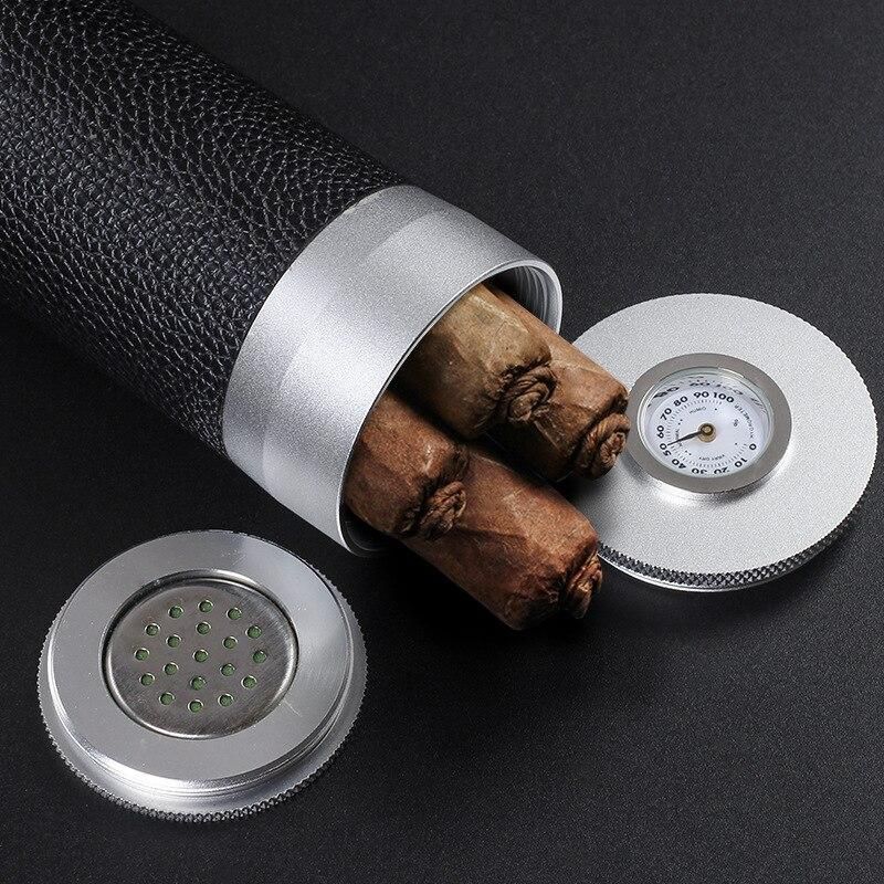 Portable Travel Cigar Case Leather Aluminium Alloy Lined Cigar Tube Mini Humidor With Humidifier Hygrometer Box Fit 4 Cigars