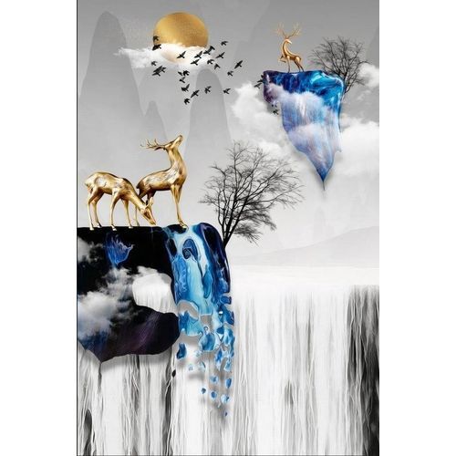 Deer Resting Ocean With Stone Painting Artwork Frame