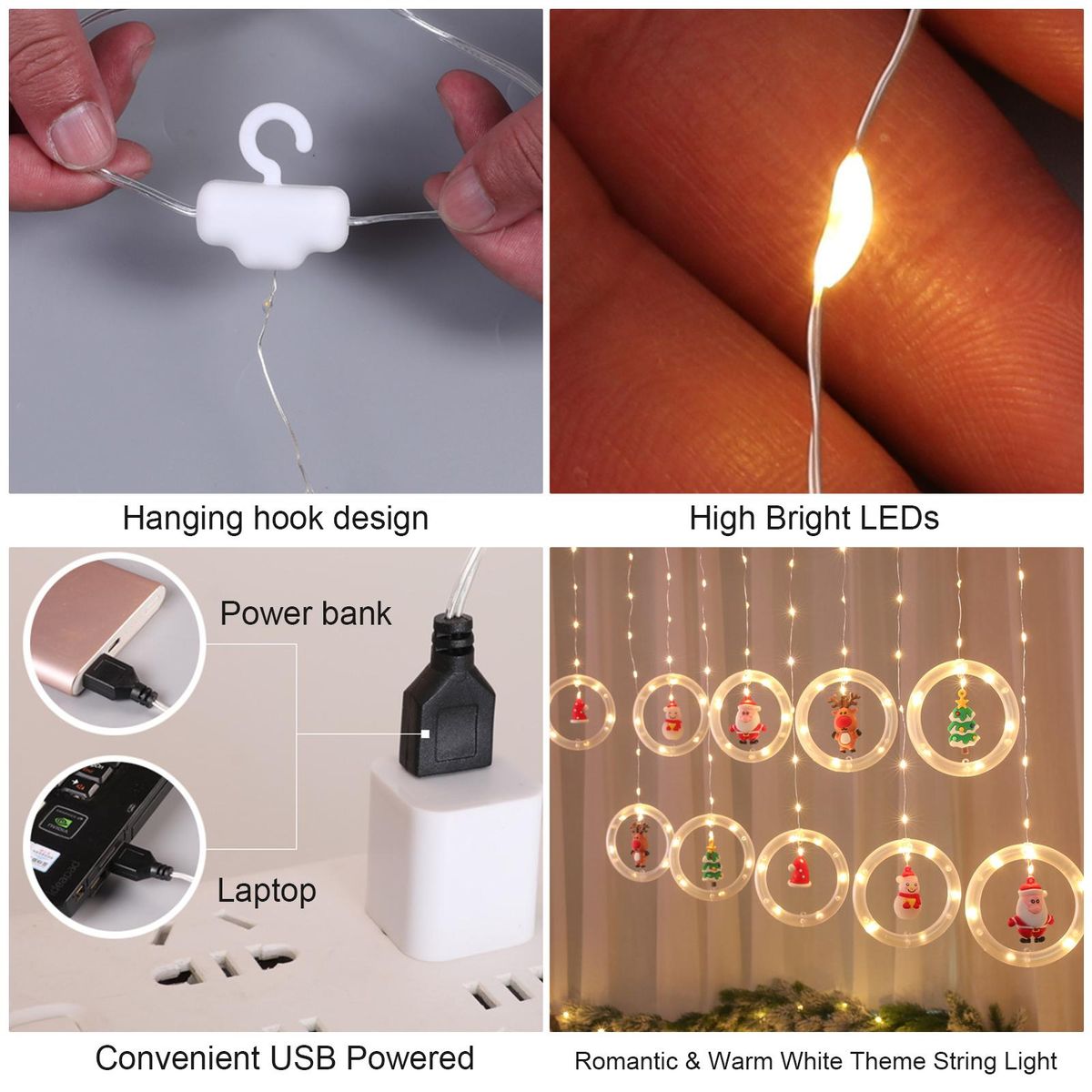 D C 5 V Hanging Fairy LEDs String Lights Curtain Lamp Dancing Dynamic Lighting Effects USB Powered Operated IP65 Water Resistance with Snowman Santa Claus Christmas Tree Elk Xmas Hat Design for Xmas Christmas Festival Holiday