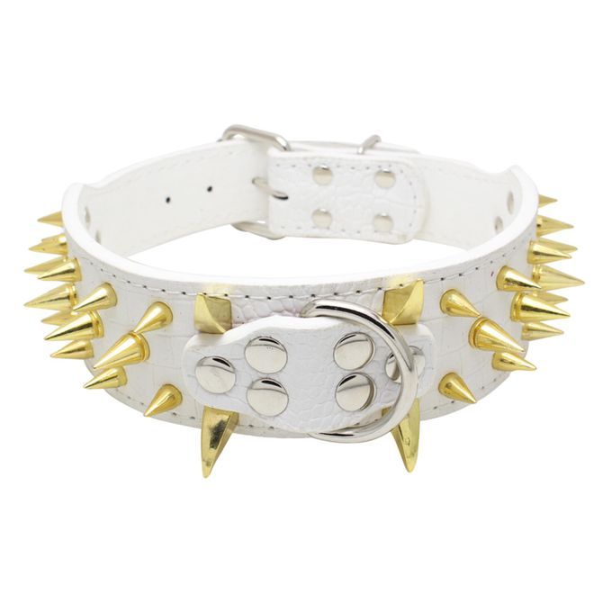 Puppy Collar Leather Dog Faux Pit Bull Supplies M Gold And White