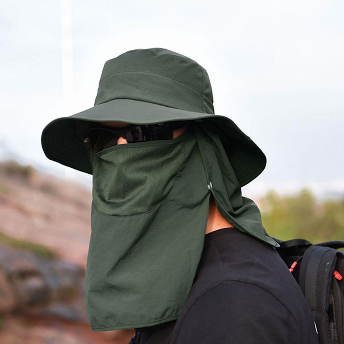 UV Protection Fishing Hat for Men & Women Outdoor Summer Sun Protection Waterproof Wide Brim Hat with Face Cover & Neck Flap Foldable for Motorcycling Hiking Fishing Camping Traveling
