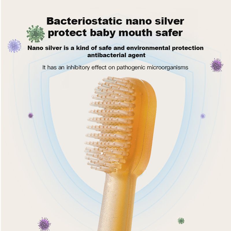0~18 months old tongue coating brush, baby teeth brush, antibacterial nano silver protection for baby's oral cavity, 9-layer striped brush head, soft Q elastic, cute little bear design, high-temperature PP and silicone materi