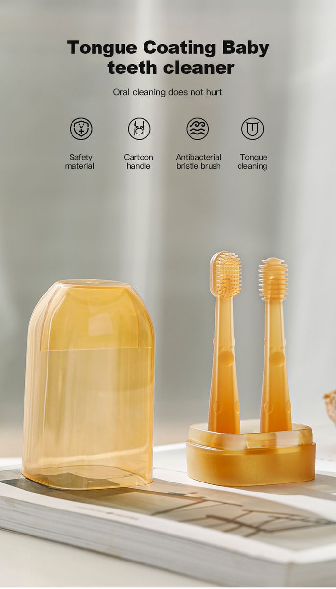 0~18 months old tongue coating brush, baby teeth brush, antibacterial nano silver protection for baby's oral cavity, 9-layer striped brush head, soft Q elastic, cute little bear design, high-temperature PP and silicone materi