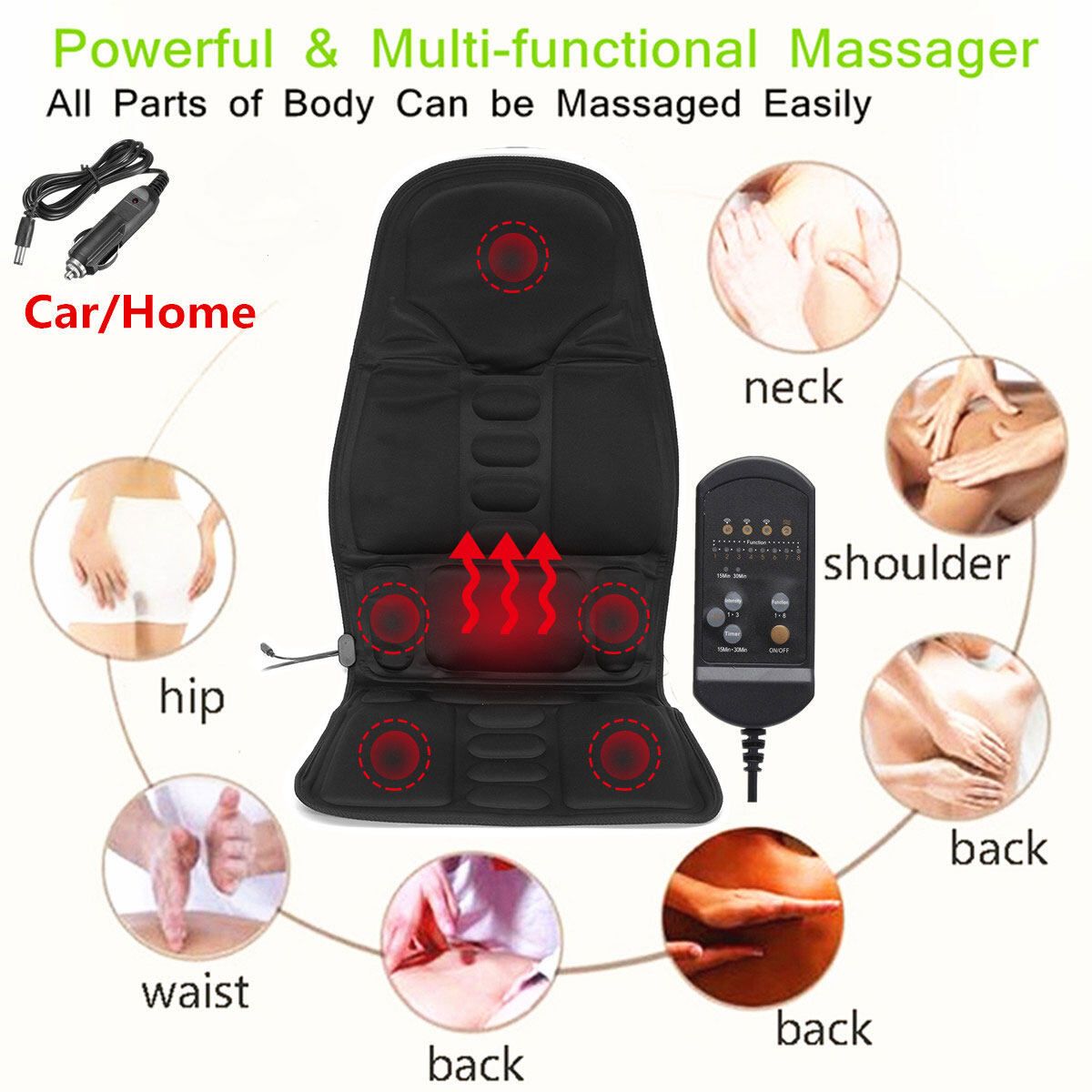 Black Back Massage Chair Car SUV Heat Seat /Cushion Neck Pain Lumbar Pad, 8 Kinds Of Massage Modes, 3 Kinds Of Strength,Suitable For Car\Office\Home