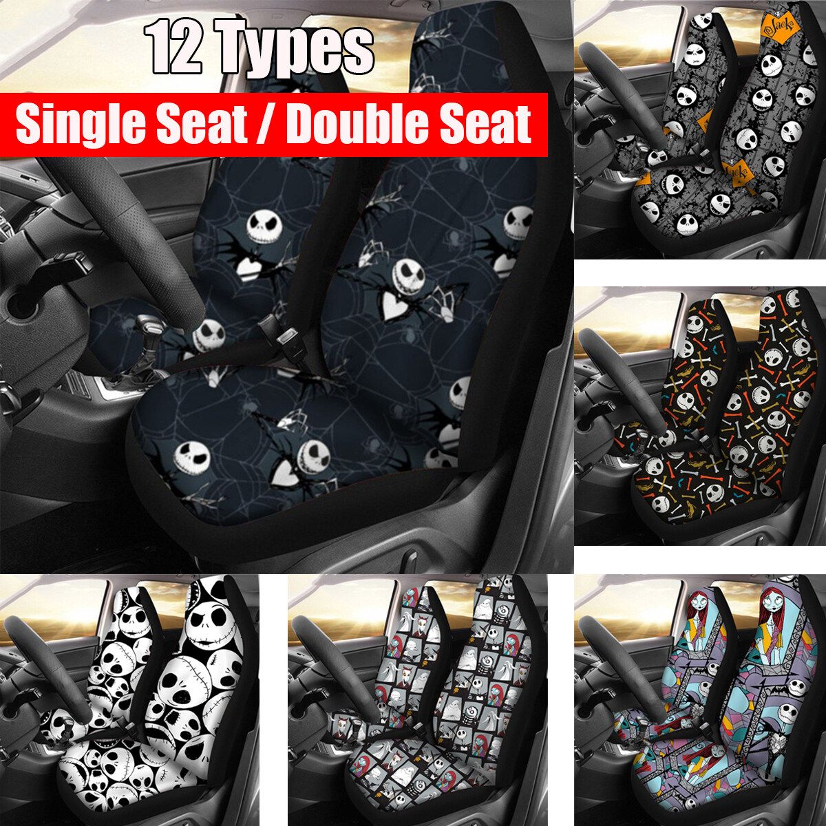 1/2pcs Universal Car Front Seat Cover Auto Cushion Protector Skull Printed Mat White Bone A Single Seat