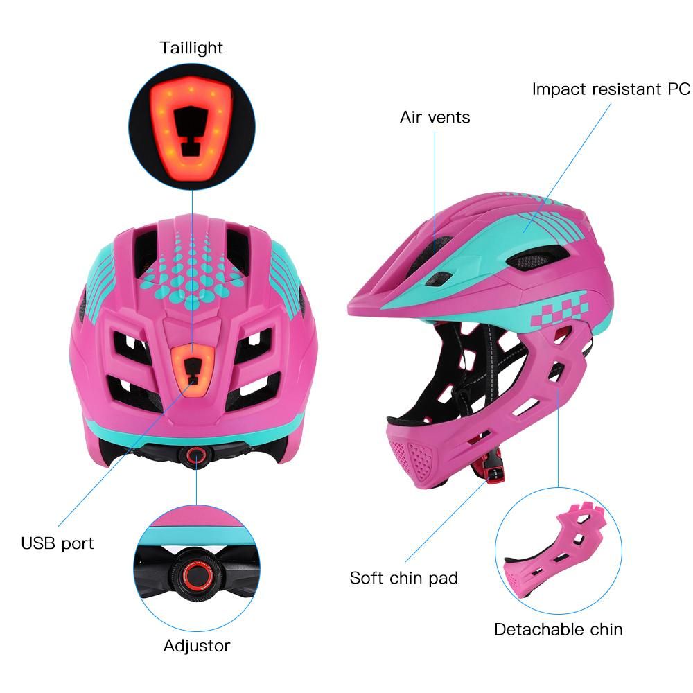 Kid Bike Full Face Helmet Children Safety Riding Skateboard Rollerblading Helmet Sports Head Guard with Taillight and Detachable Chin
