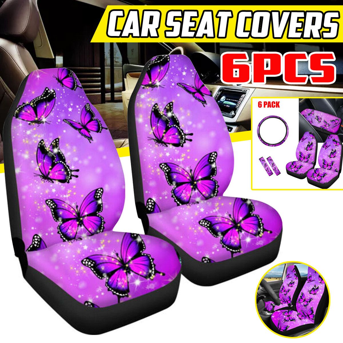 Butterfly Leather Universal Car Seat Covers Full Set Purple
