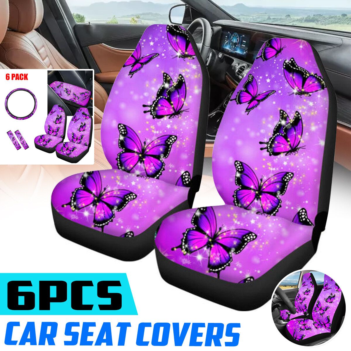 Butterfly Leather Universal Car Seat Covers Full Set Purple
