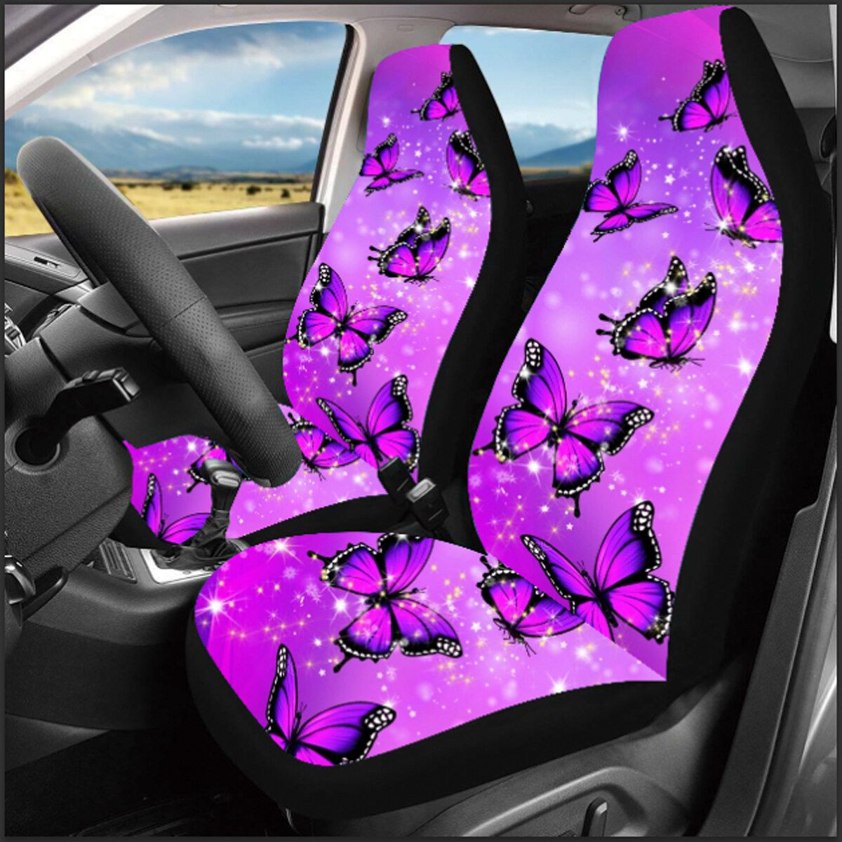 Butterfly Leather Universal Car Seat Covers Full Set Purple