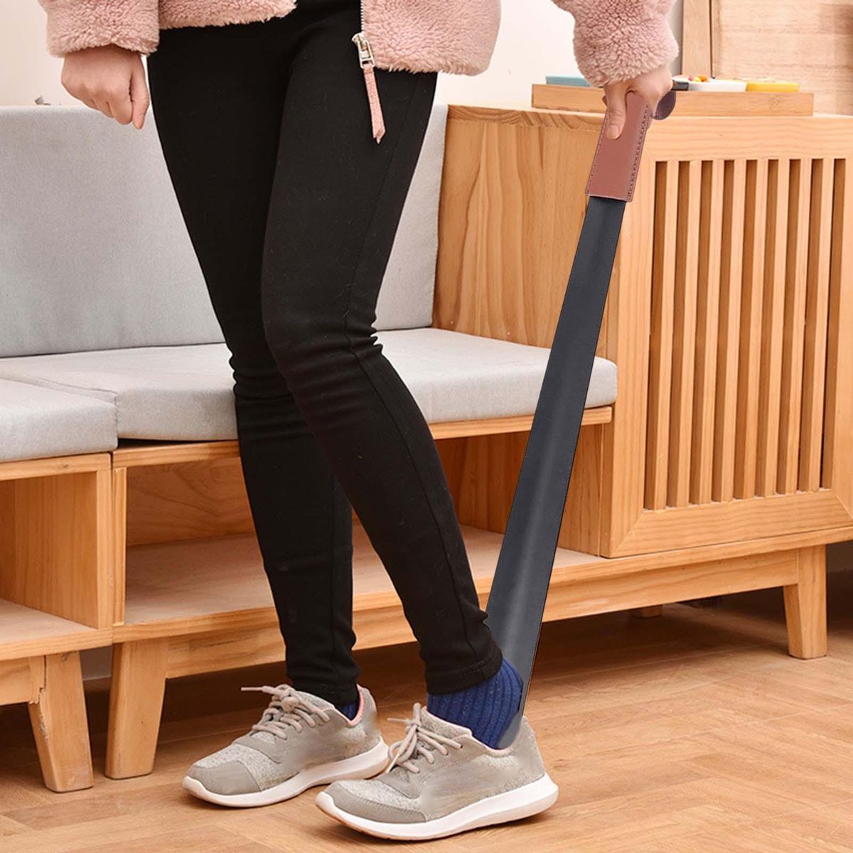 Portable Leather Shoehorn Long Handle Shoe Remover Brown