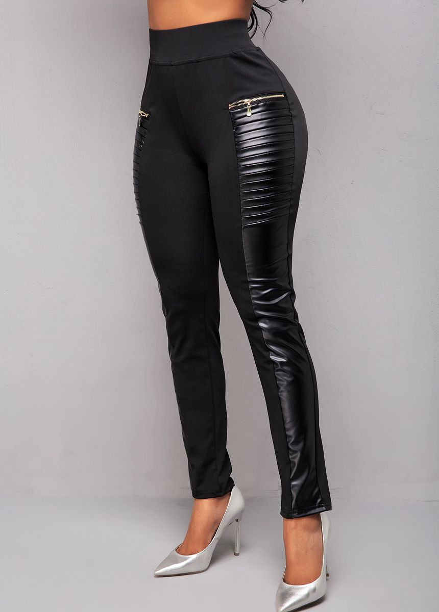 Ladies Pencil Leather Mix Pencil Pants- Black