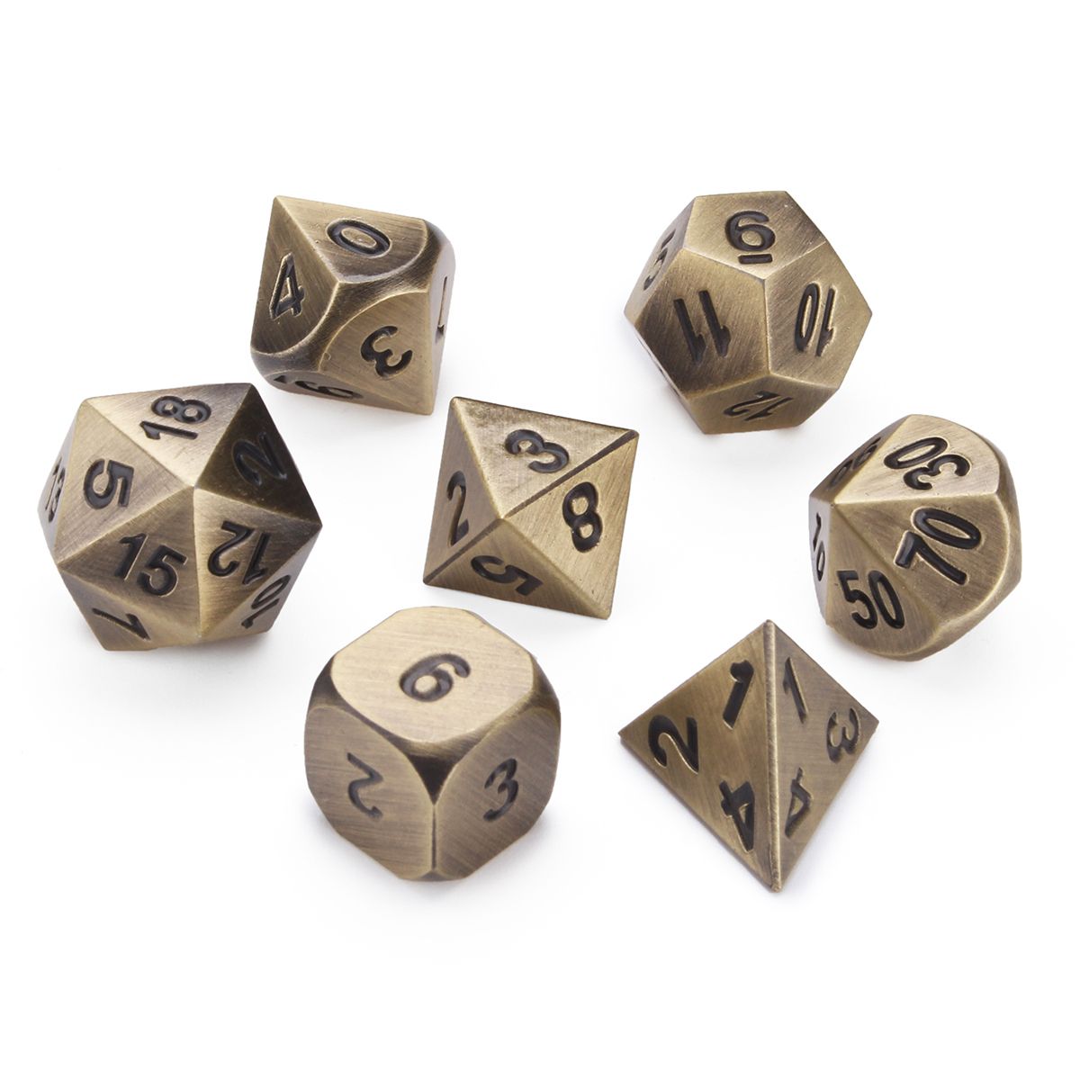 Embossed Antique Metal Polyhedral Dice Role Playing Game Party W/ Bag Ancient Bronze