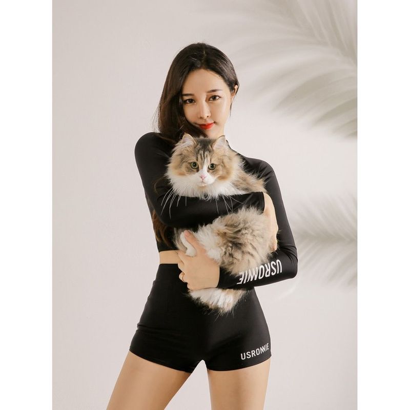 Swimming Suits Women Korean Sports Long-sleeved Swimwear Slim Sexy Gathered Top Split Bikini Spring Beach Wear Two-pieces Black