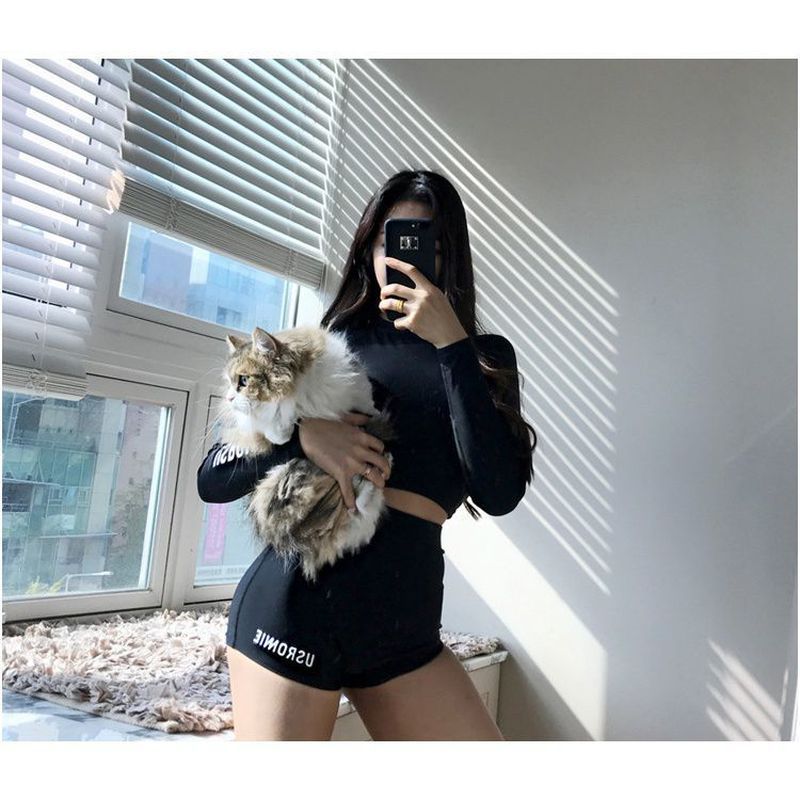Swimming Suits Women Korean Sports Long-sleeved Swimwear Slim Sexy Gathered Top Split Bikini Spring Beach Wear Two-pieces Black
