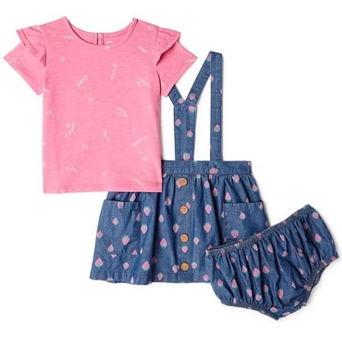 Baby Girls Dress Pinafore, Top & Diaper Cover - 3 Pieces Outfit Set