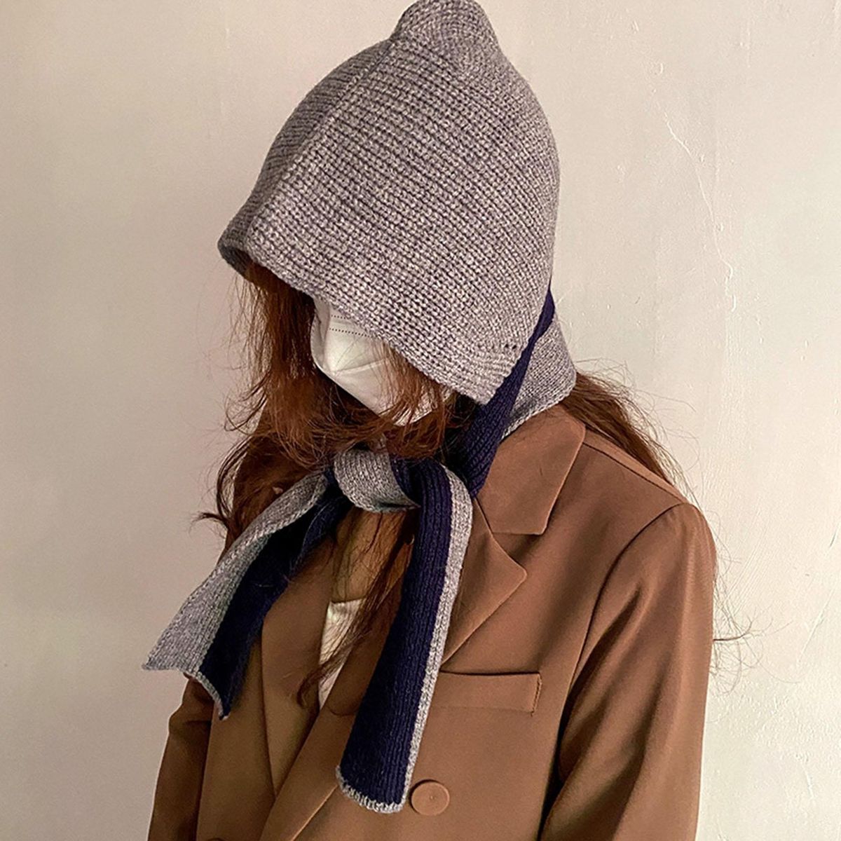 Scarf Hat Autumn Winter Women Knitting Hooded Scarf Grey