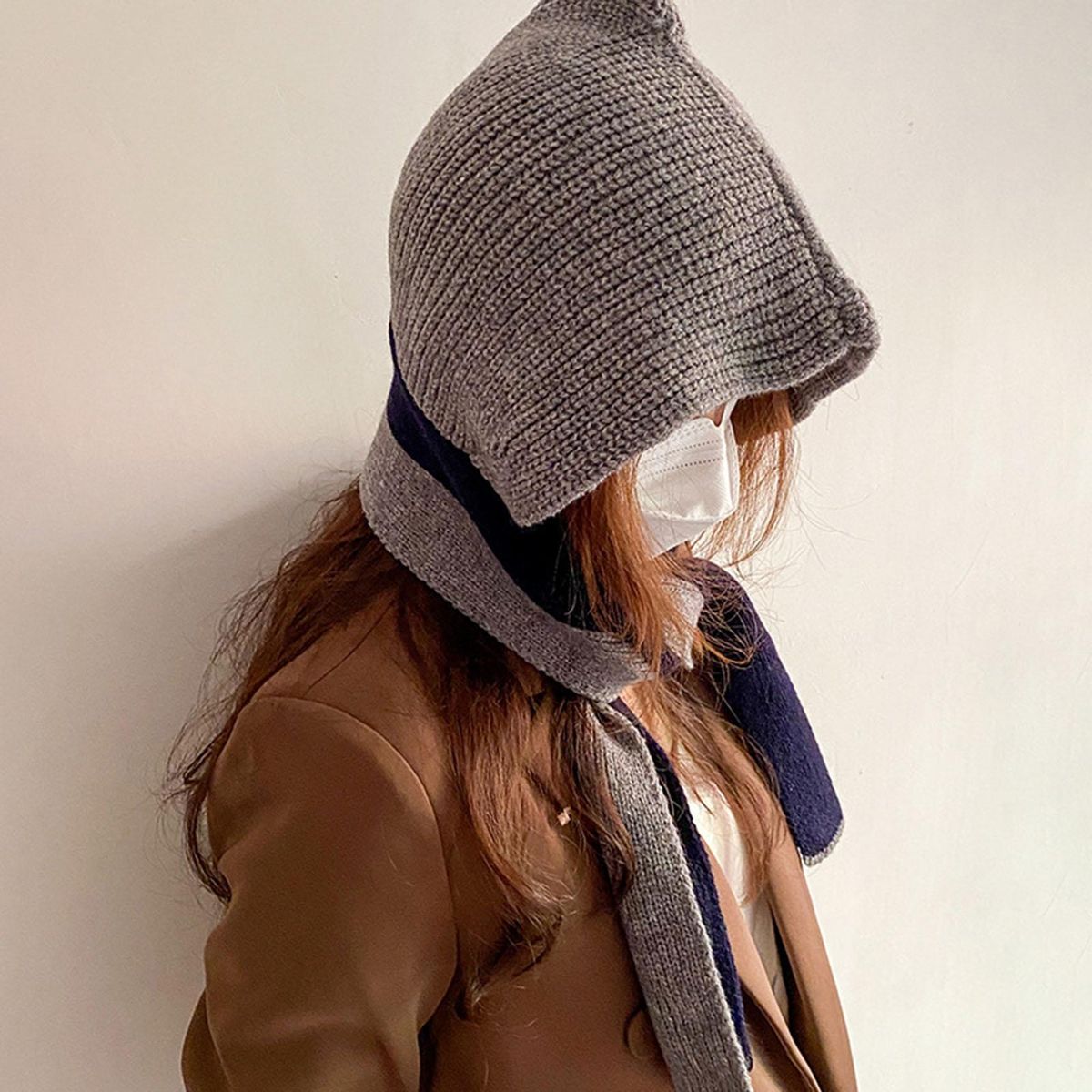 Scarf Hat Autumn Winter Women Knitting Hooded Scarf Grey