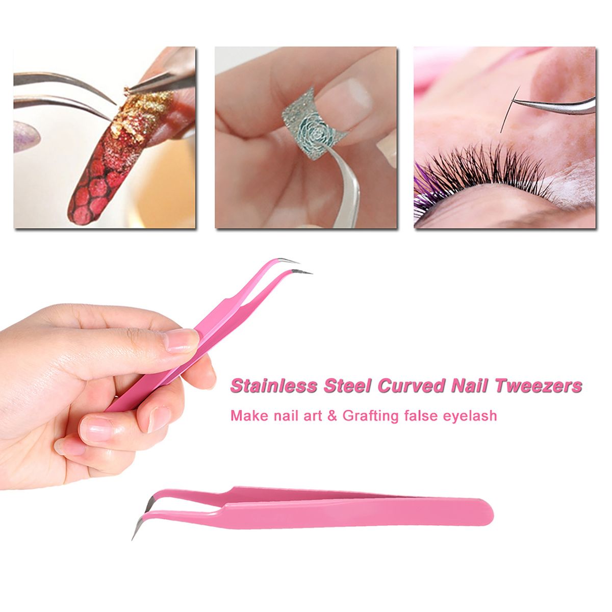 2Pcs/set Stainless Steel Pink Straight/Curved Nail Tweezers Nippers Tools