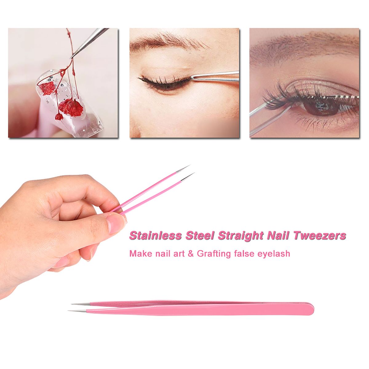 2Pcs/set Stainless Steel Pink Straight/Curved Nail Tweezers Nippers Tools