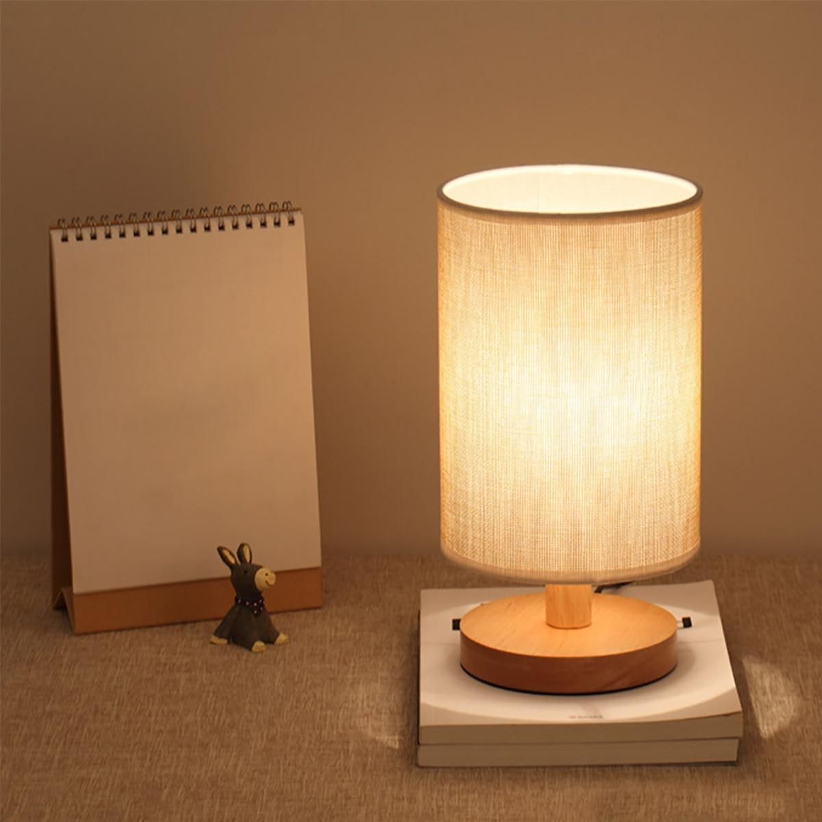 USB Bedside Lamp Night Lights For Bedroom Wooden Desk Lamp Cylinder Lamp Shade