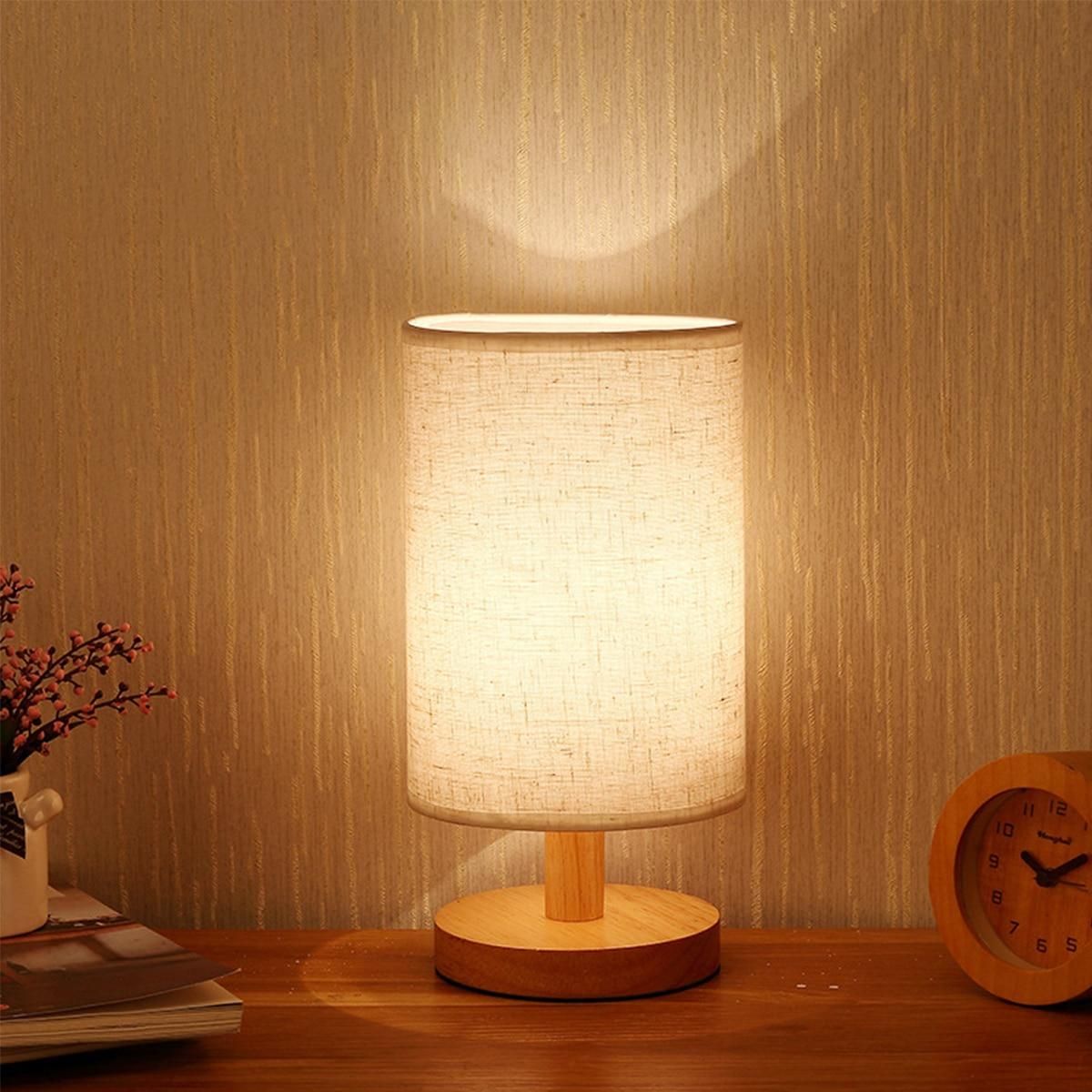 USB Bedside Lamp Night Lights For Bedroom Wooden Desk Lamp Cylinder Lamp Shade
