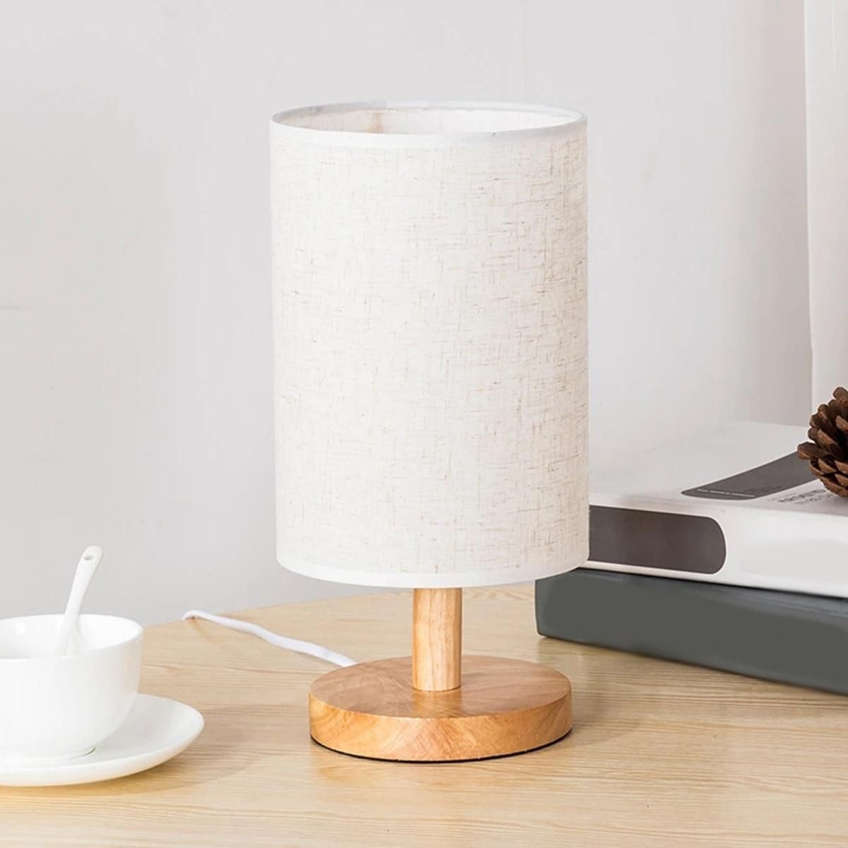 USB Bedside Lamp Night Lights For Bedroom Wooden Desk Lamp Cylinder Lamp Shade