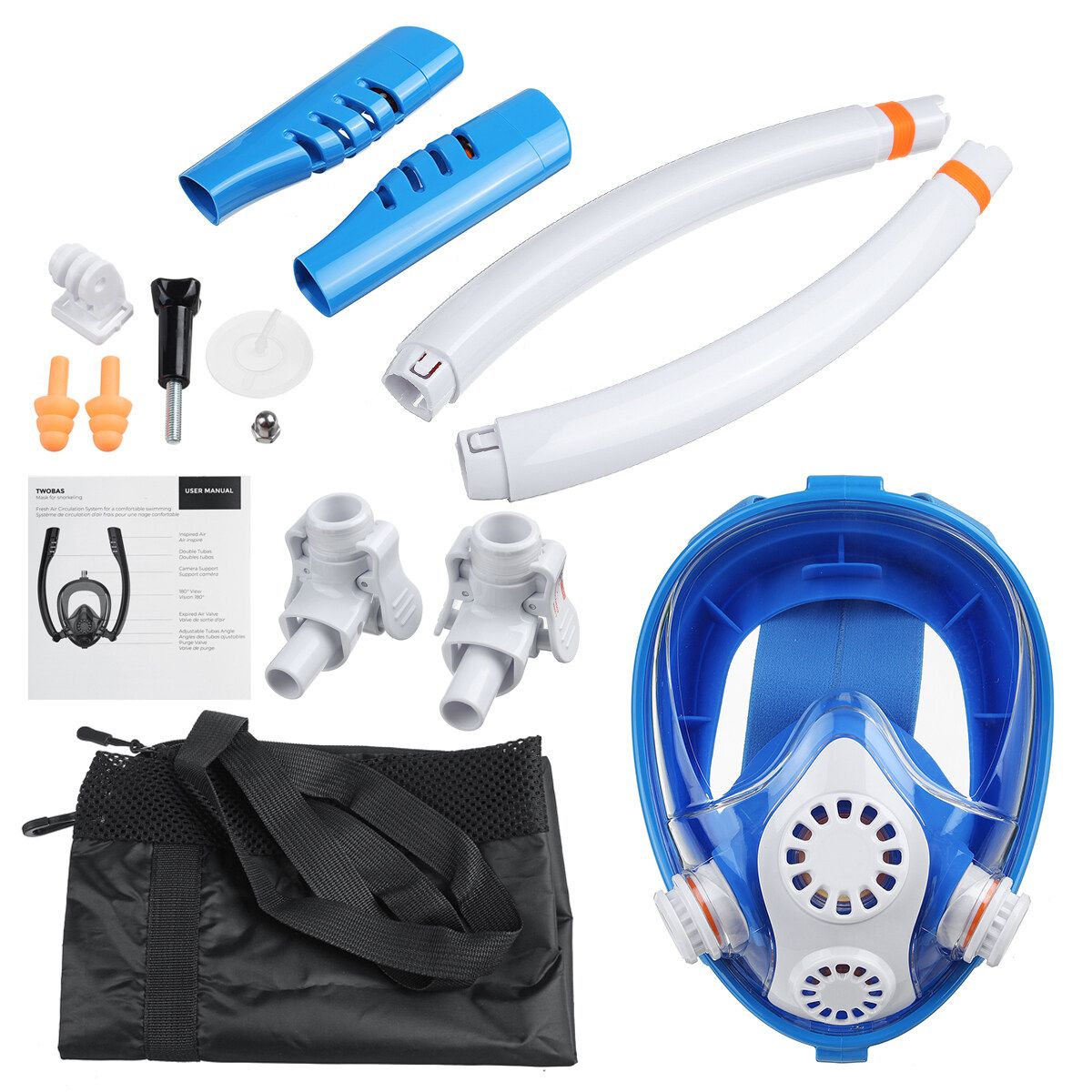 180° TWO Intake Tubes Silicone Diving Mirror Anti Fog Detachable Dry Snorkeling Full Face Set Scuba Diving Underwater Wide View Snorkel Swimming [XS/S/M/L/XL] For Adult Youth Child Blue For Kids