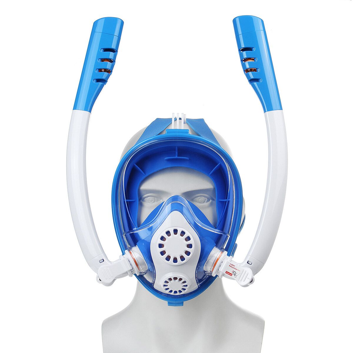 180° TWO Intake Tubes Silicone Diving Mirror Anti Fog Detachable Dry Snorkeling Full Face Set Scuba Diving Underwater Wide View Snorkel Swimming [XS/S/M/L/XL] For Adult Youth Child Blue For Kids