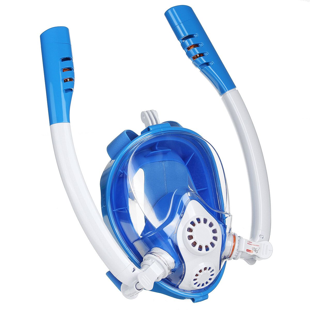 180° TWO Intake Tubes Silicone Diving Mirror Anti Fog Detachable Dry Snorkeling Full Face Set Scuba Diving Underwater Wide View Snorkel Swimming [XS/S/M/L/XL] For Adult Youth Child Blue For Kids