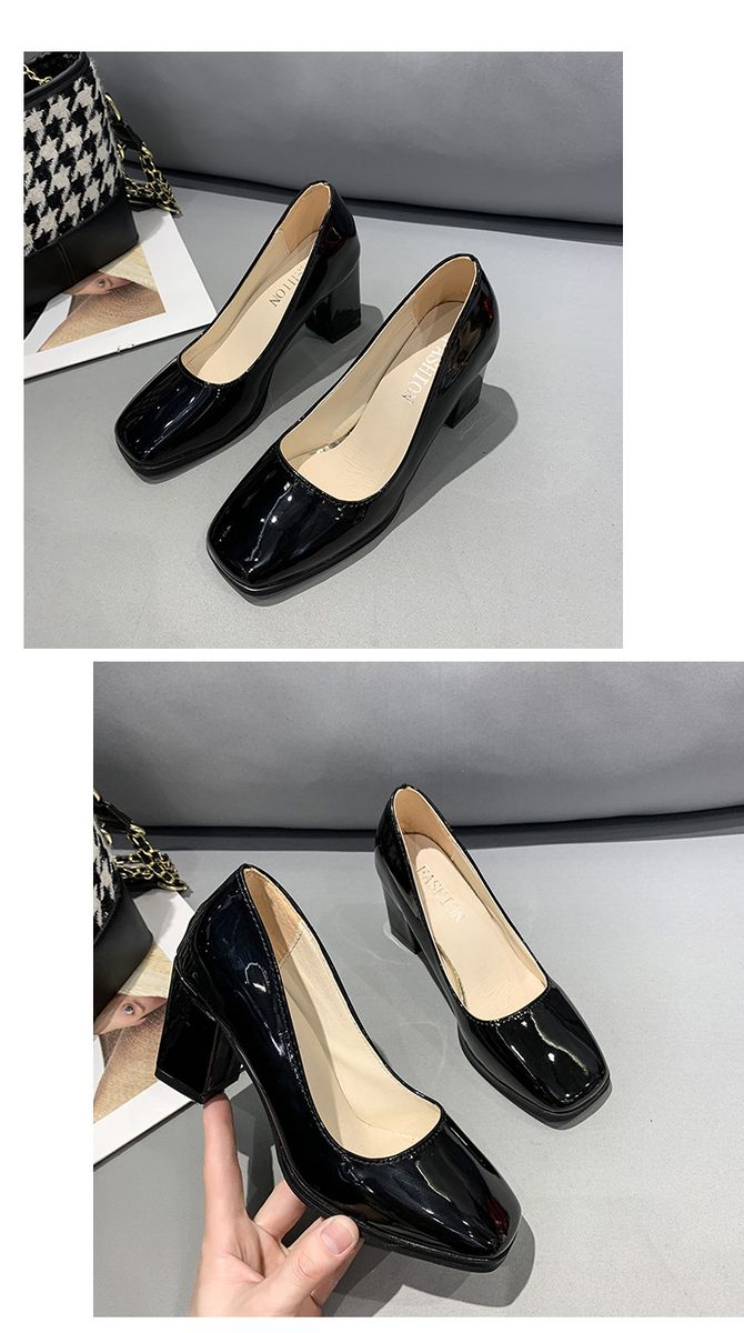 Block Heel Patent Leather Round Mouth Cover Shoe - Black