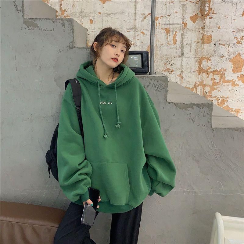 M141 Autumn and Winter New Green Hooded Sweater Women's Fleece-Lined Thick Loose Ins Idle Style Student Coat Top Tide