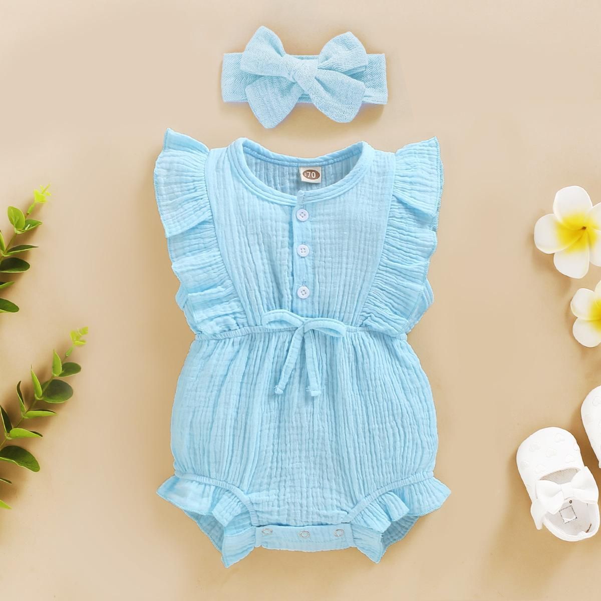 Summer Baby Girls Romper + Headband Cotton Linen Ruffles Sleeveless Infant Rompers Newborn Clothes