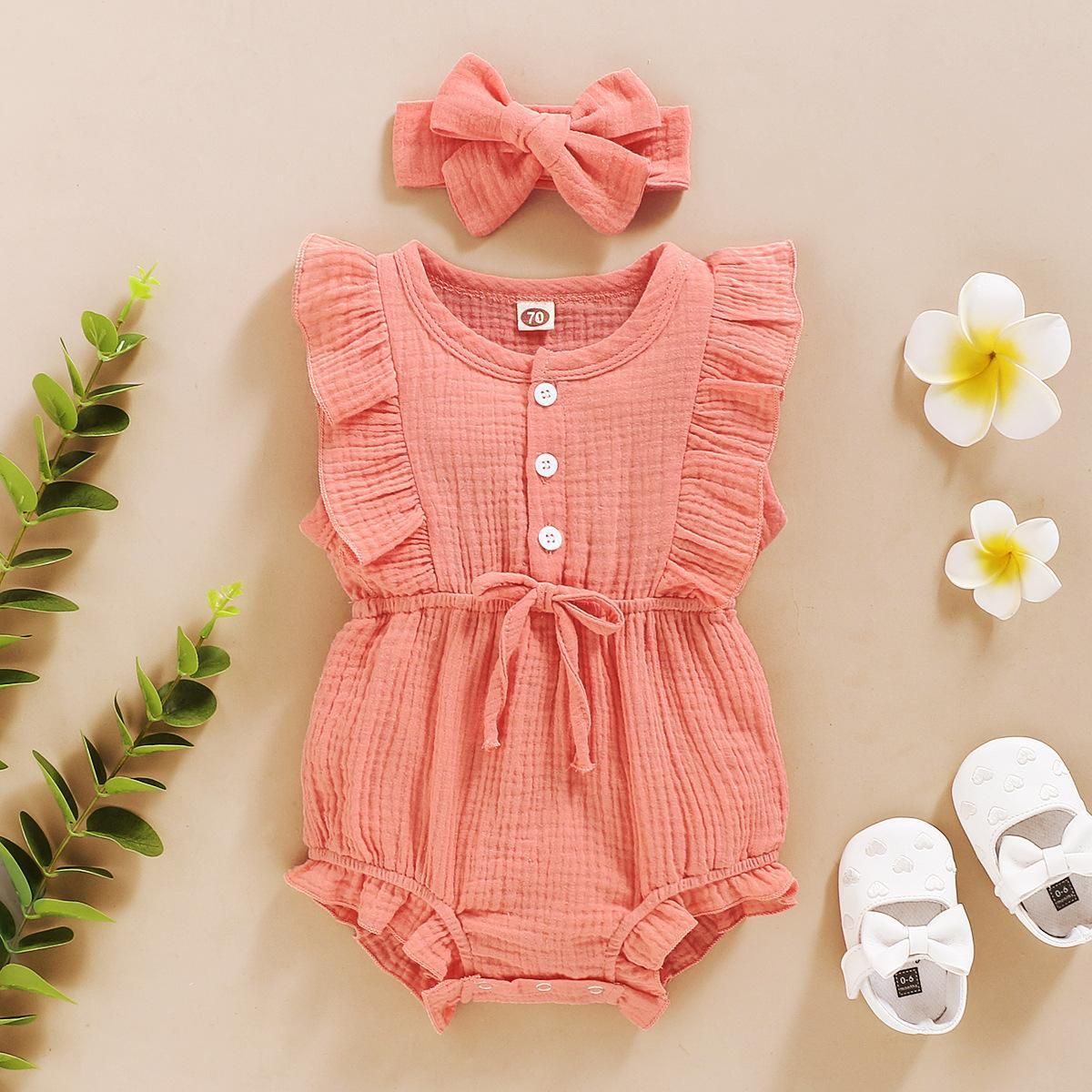 Summer Baby Girls Romper + Headband Cotton Linen Ruffles Sleeveless Infant Rompers Newborn Clothes