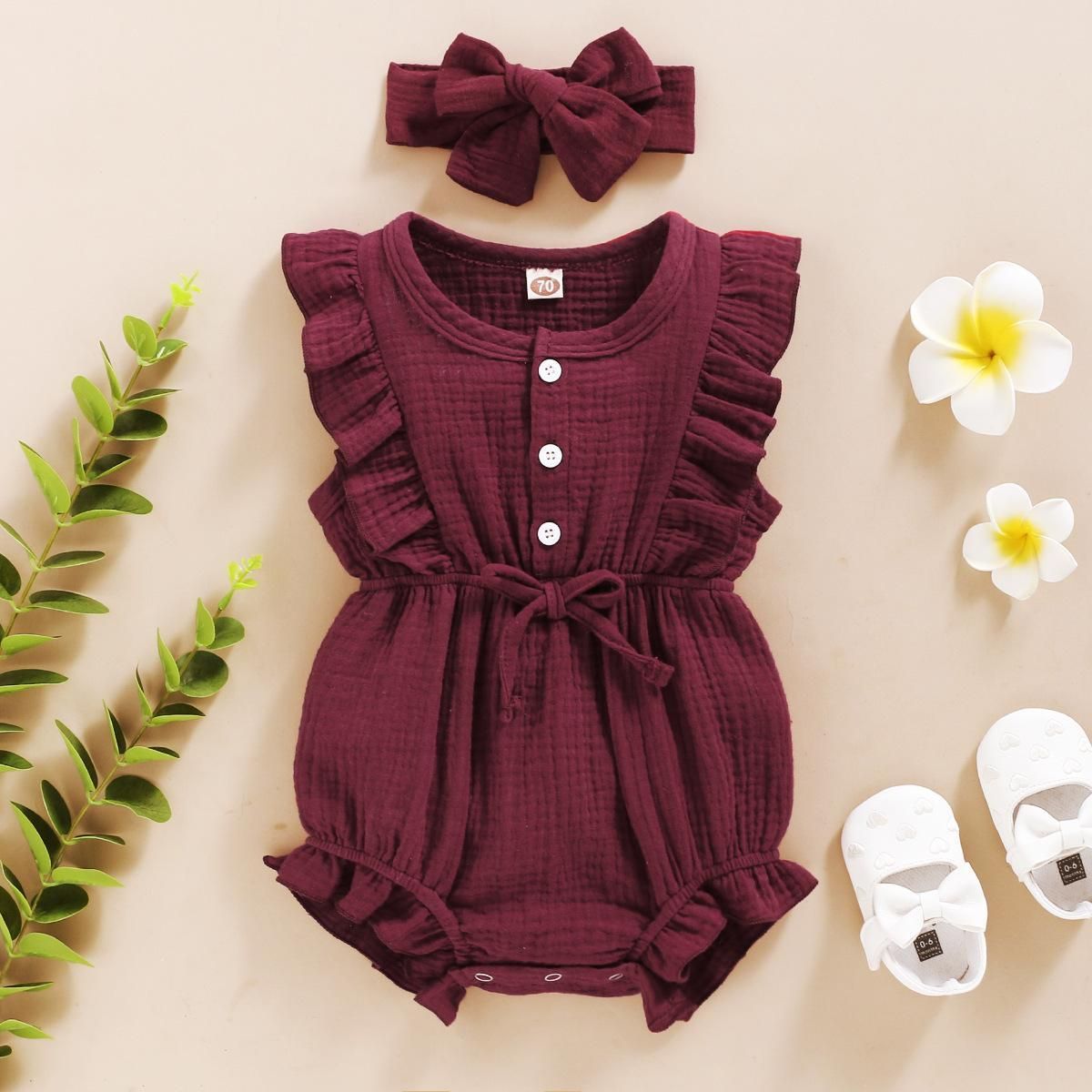 Summer Baby Girls Romper + Headband Cotton Linen Ruffles Sleeveless Infant Rompers Newborn Clothes