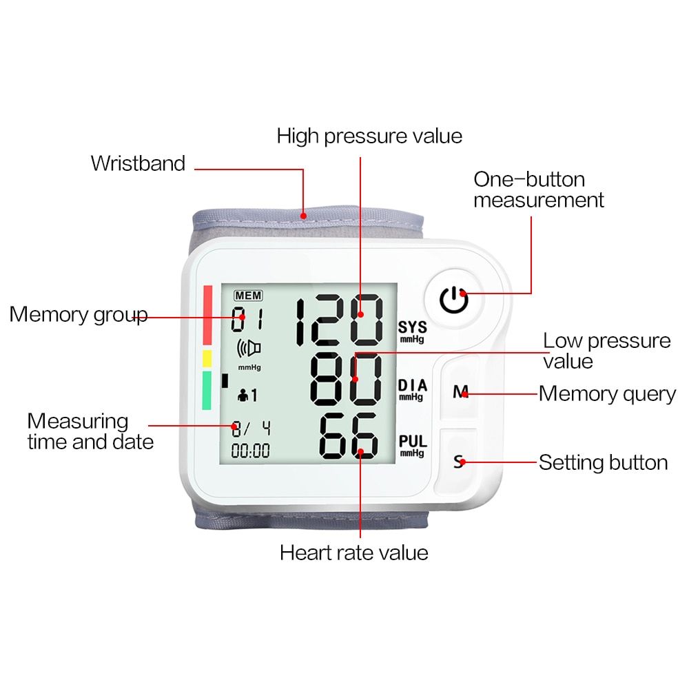 Wrist BP Blood Pressure Monitor Meter Pulse Rate Heart Beat Rate Device Machine Medical Equipment Tonometer BP Sphygmomanometer