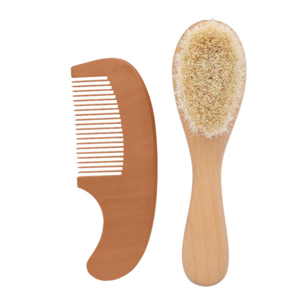 2Pcs Baby Hair Brush Comb Set Newborn Hairbrush Kit Infant Comb Soft Wool Hair Wooden Handle Scalp Massage