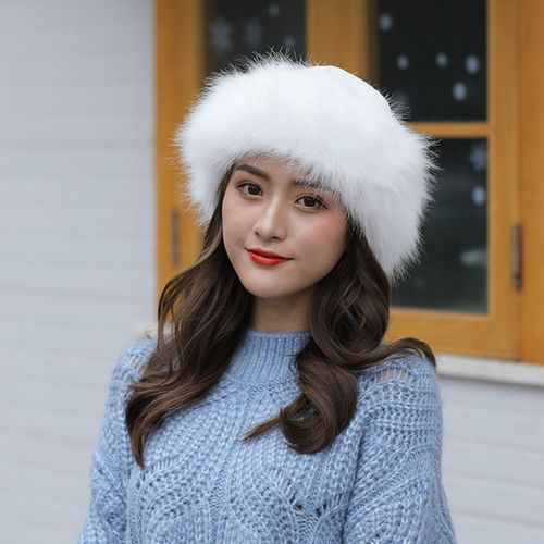 Women Hat Thicken Fluffy Faux Fur Pure Color Coldproof-White
