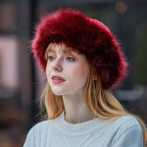 Women Hat Thicken Fluffy Faux Fur Pure Color Coldproof-White